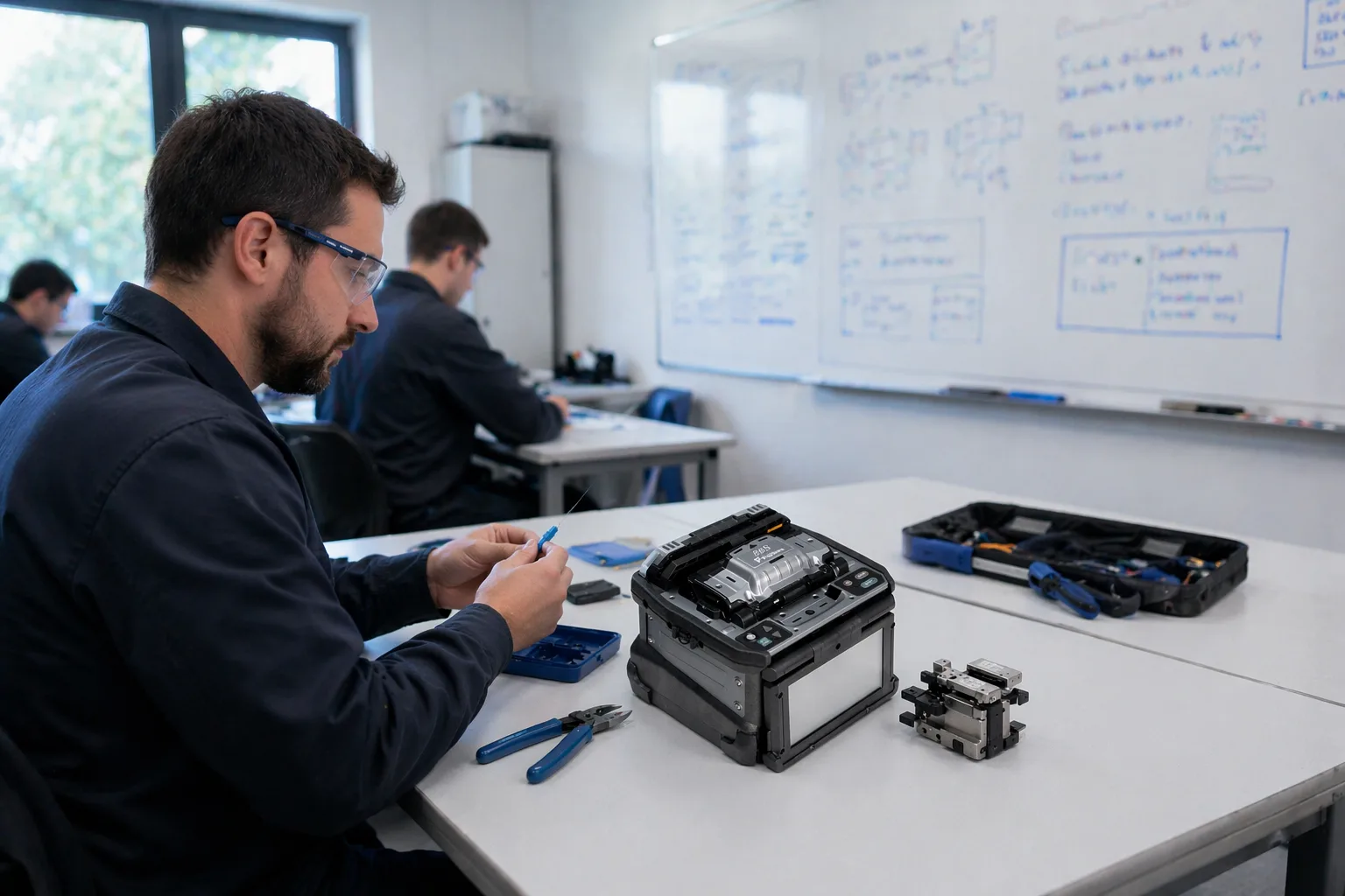 Instructor demonstrating a fusion splicer to trainee engineers around a workbench