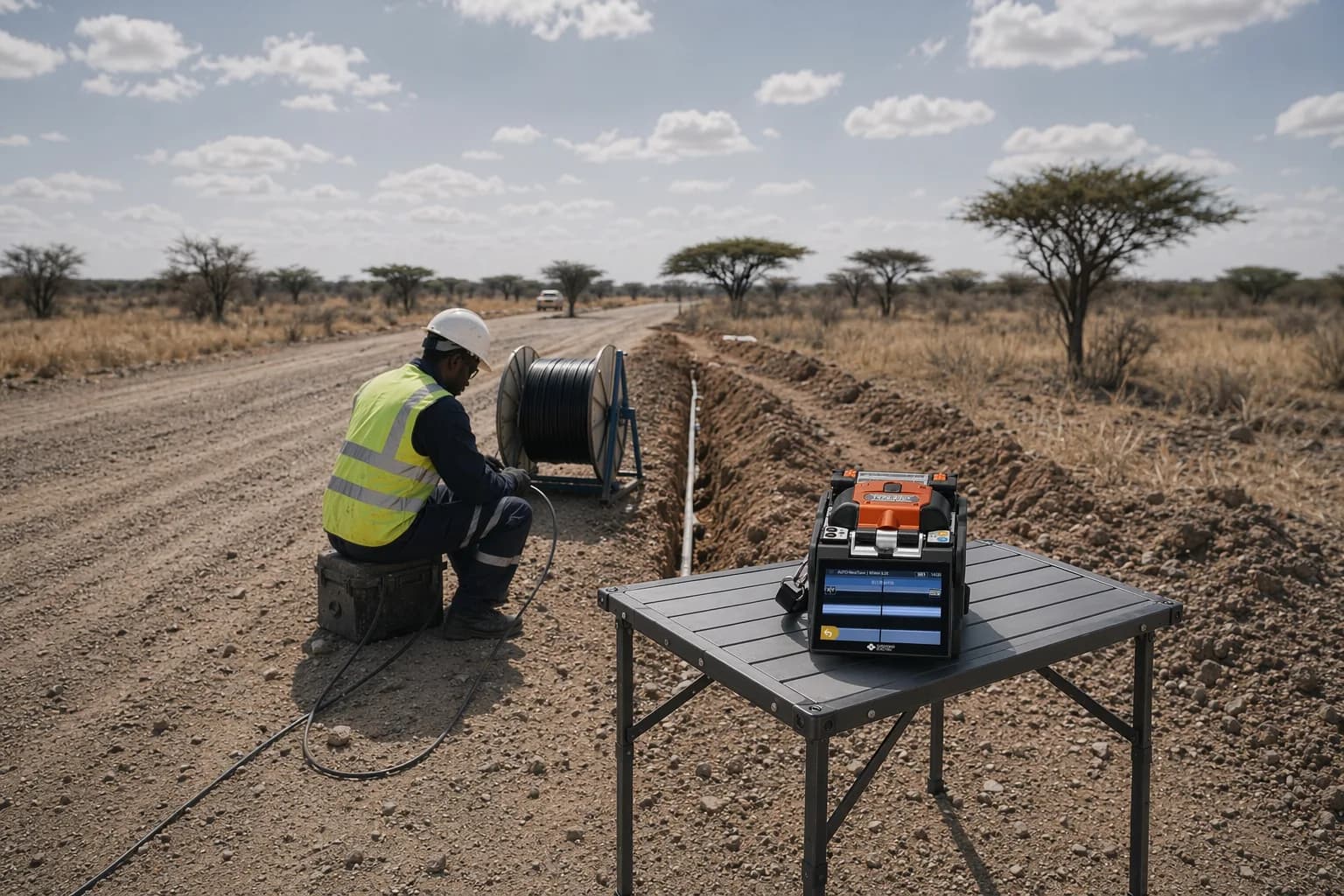 Technicians unspooling fiber duct towards a rural school during a national rollout