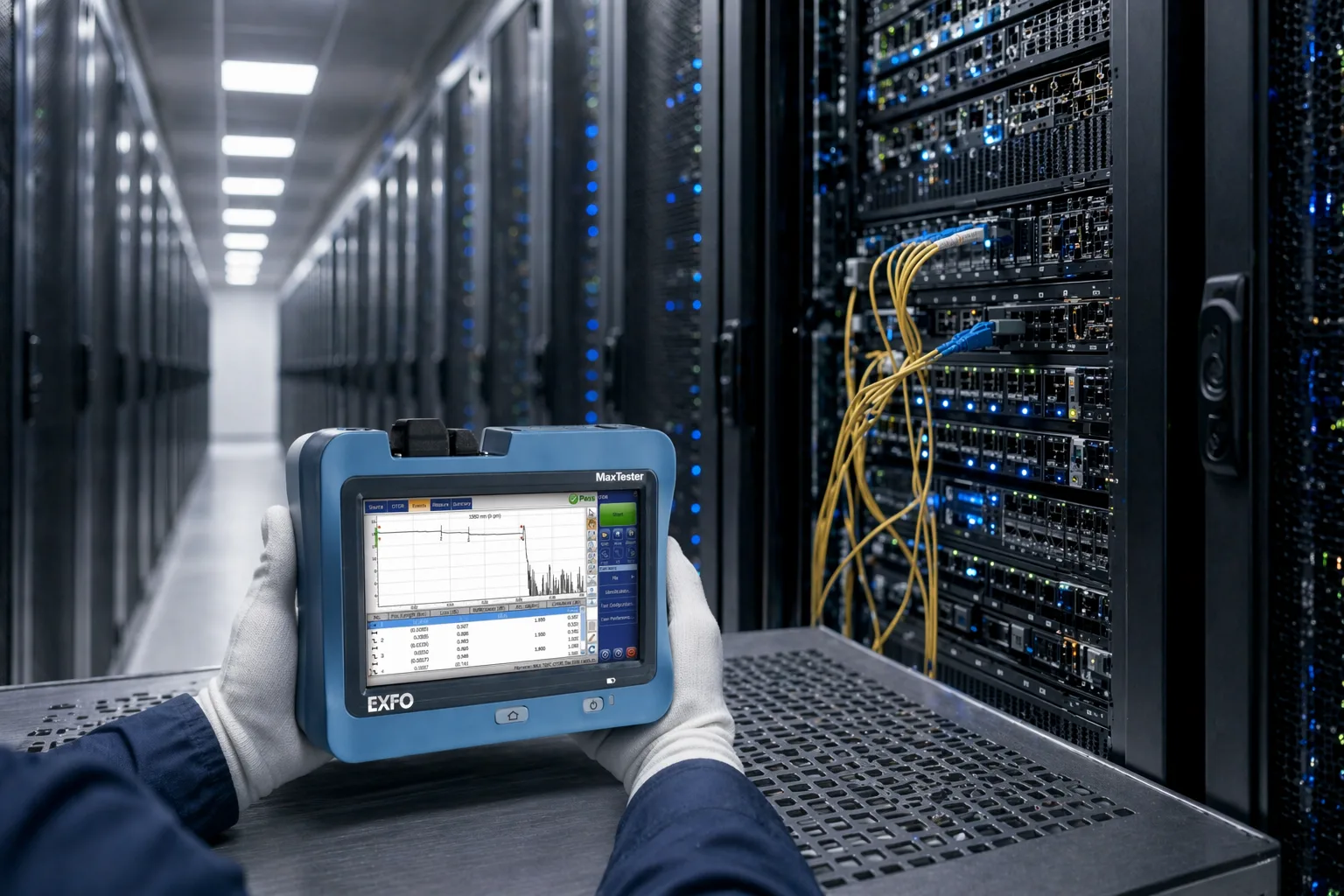 Engineer testing fiber links with a handheld OTDR inside a data center aisle