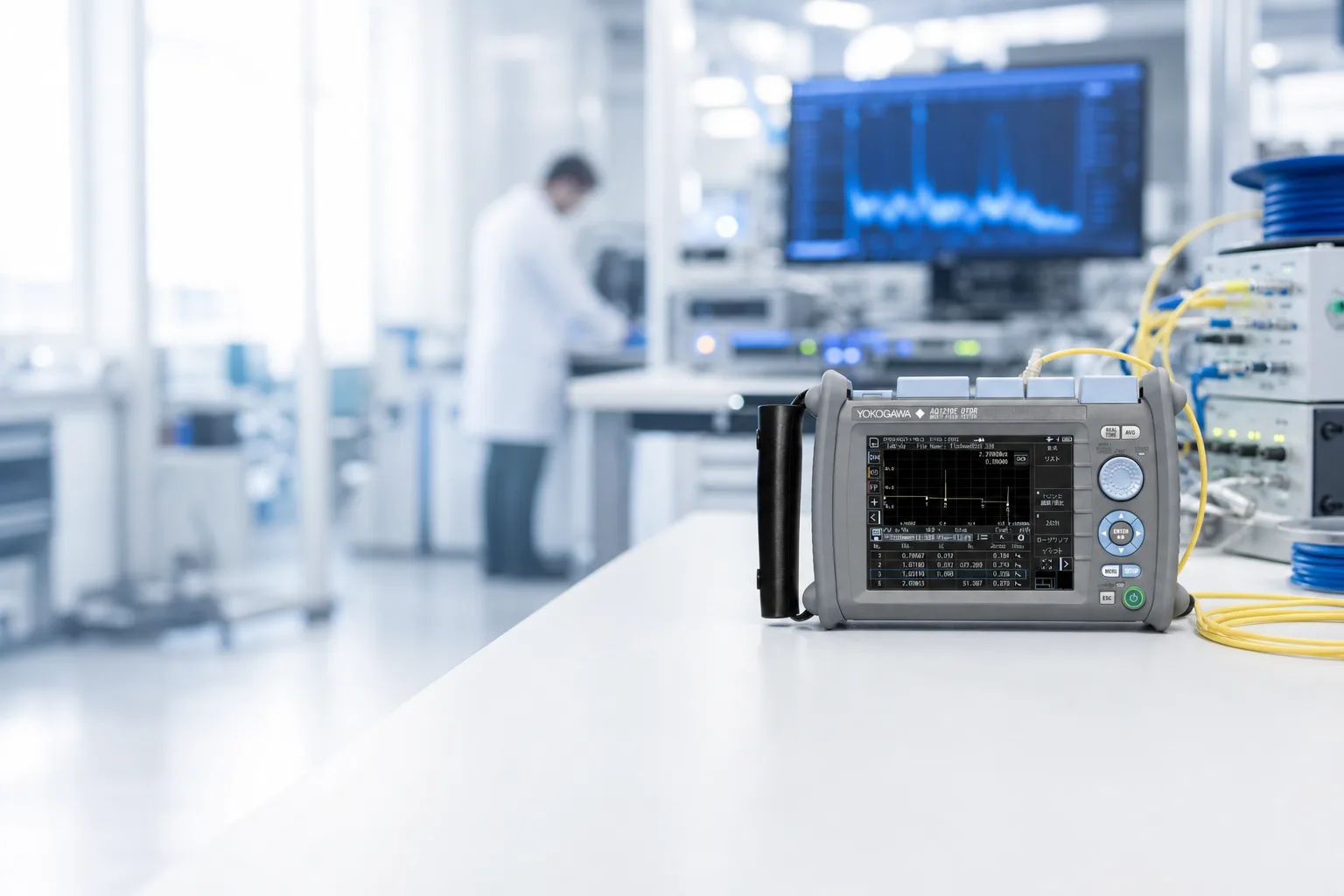 Engineer testing an OTDR in a bright daylight calibration lab
