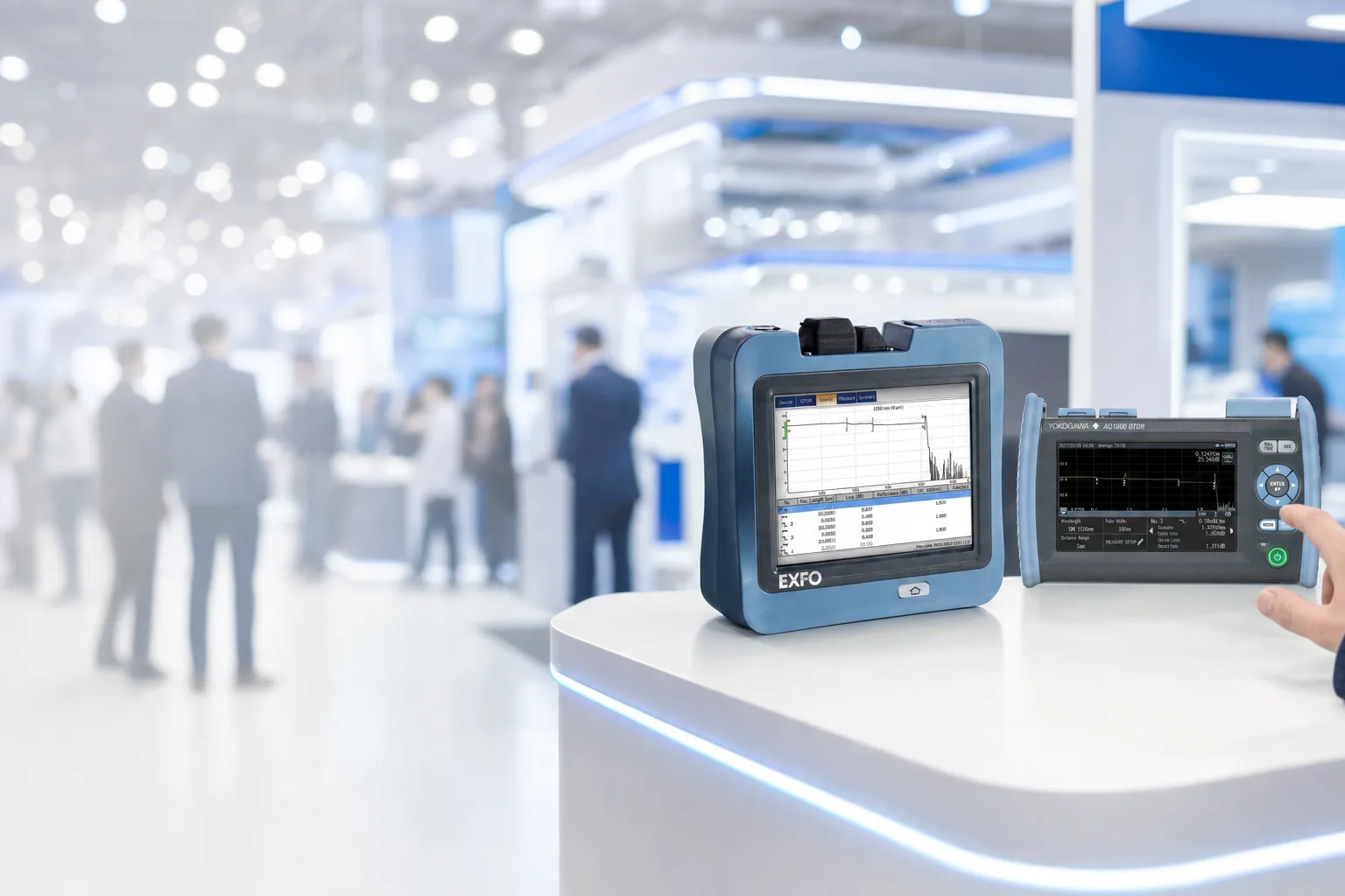 Test instruments on a white demo counter in a bright exhibition hall