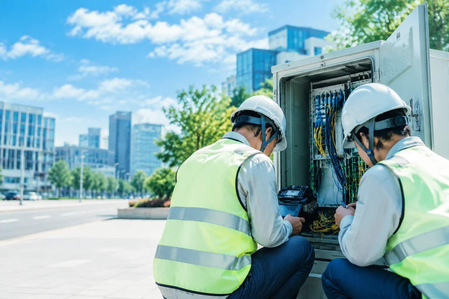 Two field technicians splicing fiber at a street cabinet under a blue sky
