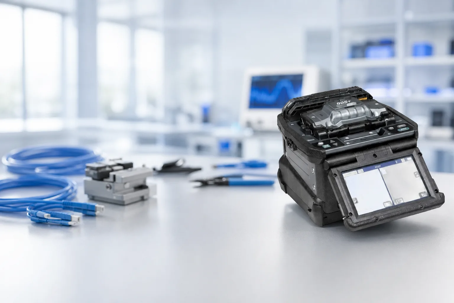 Fujikura 90S+ core-alignment fusion splicer, studio product portrait