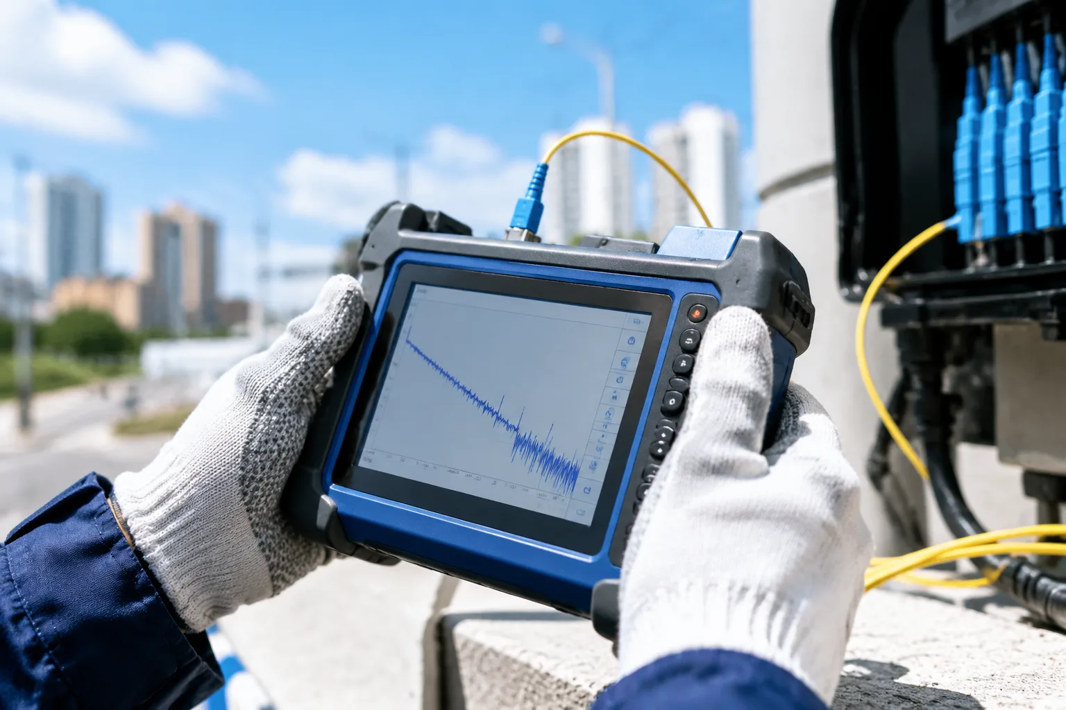Field technician running an acceptance test with a handheld OTDR