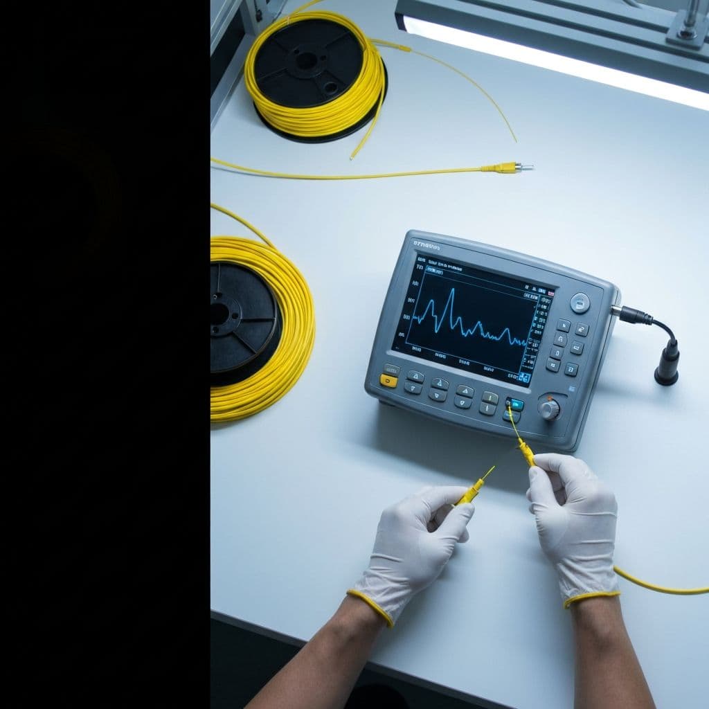 Technicians calibrating an OTDR on a test bench