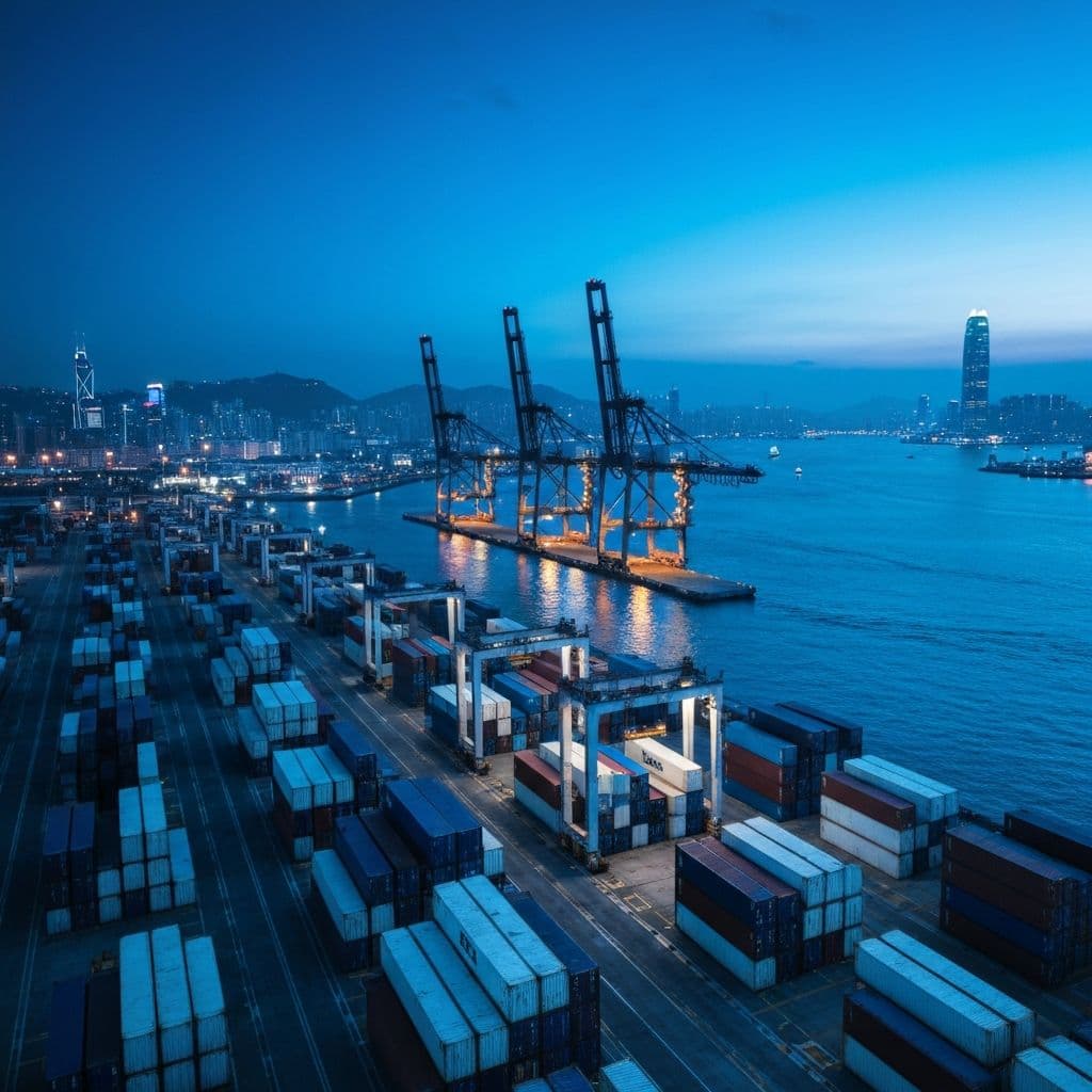Container terminal at dusk, symbolising global logistics